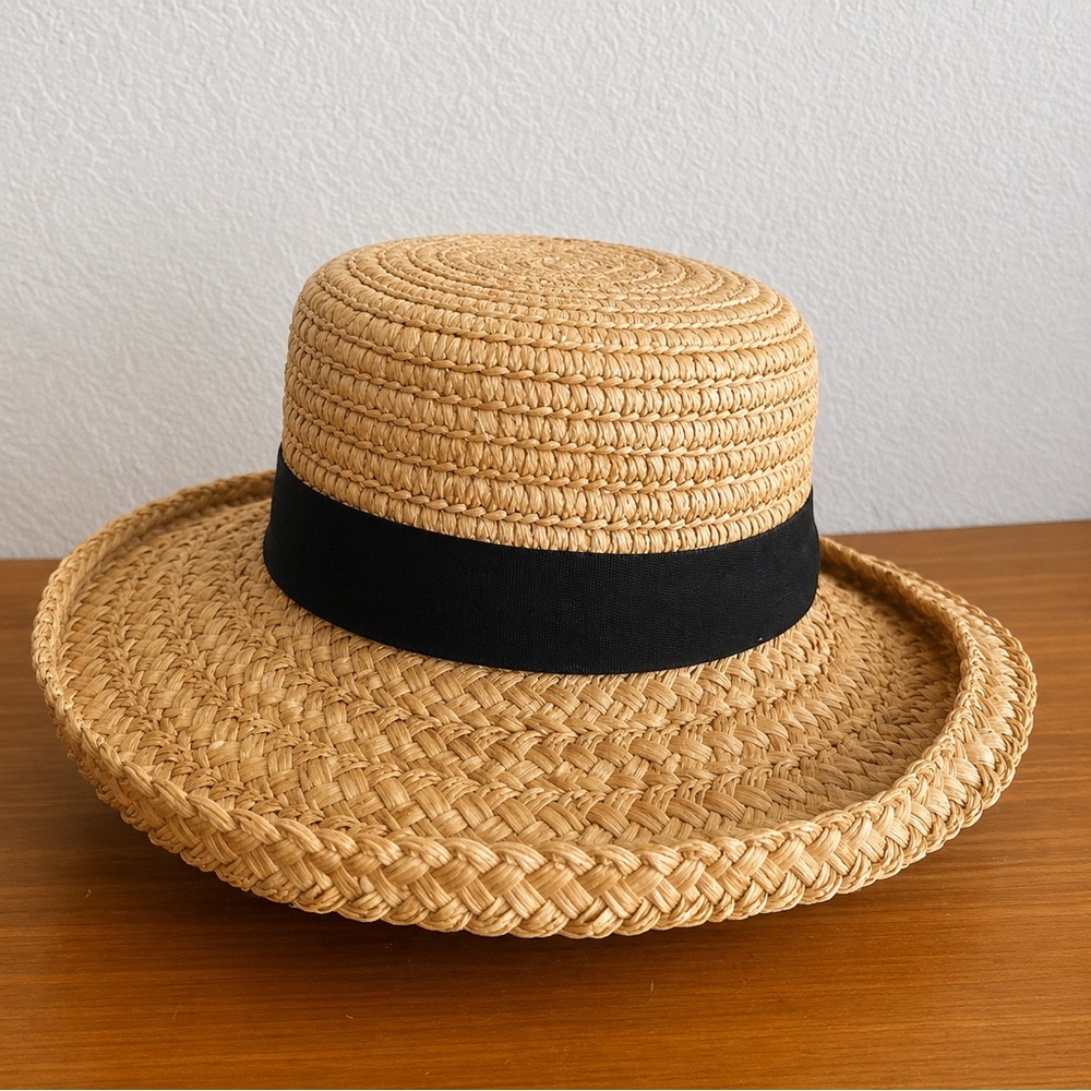 Vintage Cherokee Straw Boater Hat with Black Ribbon Bow